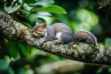 Squirrel Peacefully Sleeping on a Tree Branch Amidst Vibrant Green Leaves in a Serene Forest Setting