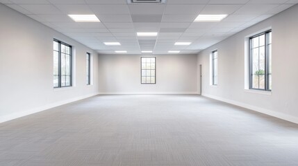Empty modern office room with grey carpet and large windows