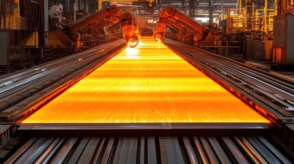 Modern steel production: Automated robotic arms efficiently process glowing metal sheets, enhancing industrial manufacturing and technological advancement.