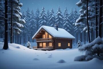 snowy cabin in the woods with a lit window and a snowy roof