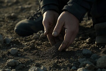 Hands holding soil, planting seeds.