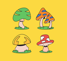 Fototapeta premium Playful Hand-Drawn Icon Cartoon Mushrooms on a Bright Yellow Background