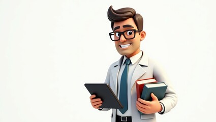 Cartoon librarian holding a tablet and smiling warmly, perfect for educational themes and library promotions.