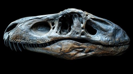 A close-up of a Tyrannosaurus rex skull, symbolizing the past and the extinction of a powerful species, serving as a reminder of the fragility of life in Earthâ€™s history.