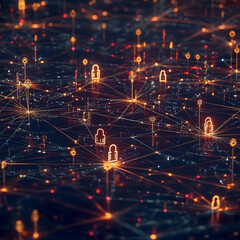 Digital Illustration of a Network with Keys and Padlocks Symbolizing Cyber Security