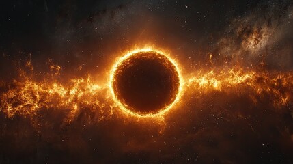 Obraz premium A close-up of the sun surrounded by fire, set against a dark sky full of stars