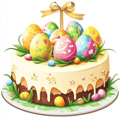 Cheery Easter Egg Cheesecake Centerpiece in Cartoon Style on White Background for Festive Greetings and Banners