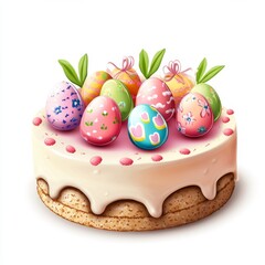 Festive Easter Cheesecake Delight - Cartoon-style centerpiece with colorful egg decorations on white backdrop, perfect for banners and websites.