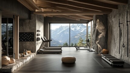 Fototapeta premium Luxurious mountain view gym with treadmills, weights, and natural stone walls.