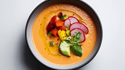 Chilled gazpacho soup with fresh vegetables.