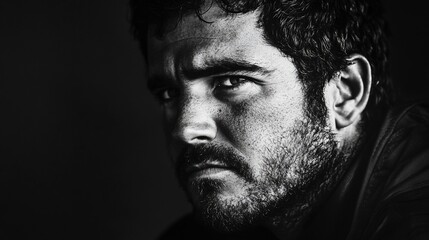 Intense black and white portrait of a brooding man.