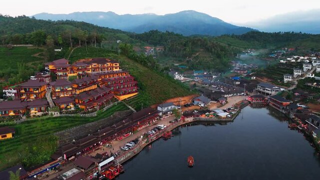Aerial panoramic of Tea Plantation Ban Rak Thail village, Southeast Asian Lake Scenery, natural environment of Thailand, Traditional Landscape
