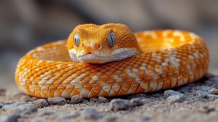 Fototapeta premium Close-up of a coiled, vibrant orange snake on the ground.