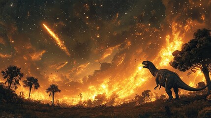 A comet or meteor leading to Earthâ€™s mass extinction, depicting the collision of celestial bodies with Earth, sparking fires, darkness, and the eventual demise of entire species, including dinosaurs