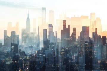 Fototapeta premium Skyline of a Bustling Metropolis at Dawn With Misty Silhouettes of Towering Skyscrapers