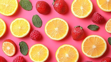 Flat lay of lemon slices, strawberries, raspberries, and mint leaves on pink background.