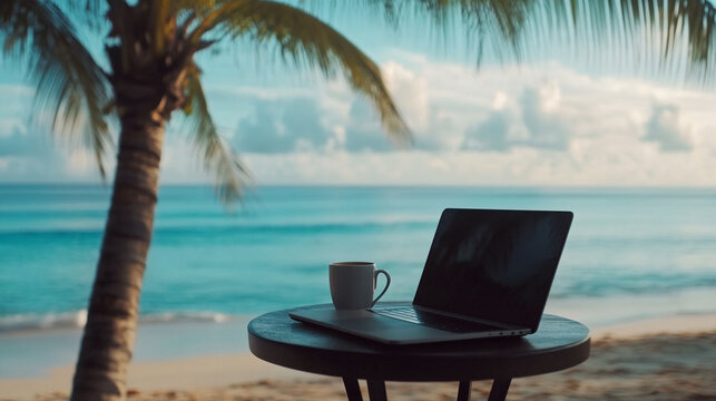 Remote Work Setup with Laptop and Coffee Mug on a Tropical Island
