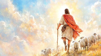 Fototapeta premium Guided by the Light: Shepherd Jesus Christ Leading Flock through Sun-Kissed Fields