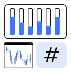 Blue progress bars, stock market chart, and hash symbol. Ideal for presentations, finance reports, statistical analytics, social media trends, tech infographics, educational materials and data