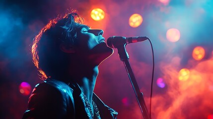 A charismatic performer on stage, microphone in hand, their smirk and commanding gaze radiating confidence, colorful spotlights creating a dynamic and electric atmosphere. --ar 16:9