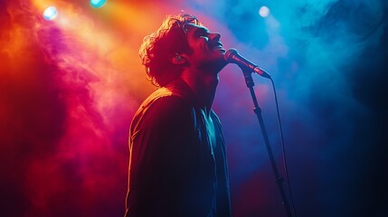 A charismatic performer on stage, microphone in hand, their smirk and commanding gaze radiating confidence, colorful spotlights creating a dynamic and electric atmosphere. --ar 16:9