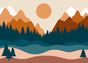 Minimalist Mountain Landscape with Warm Tones and Pine Trees for Background Art