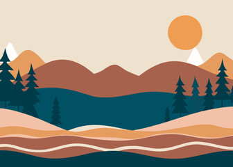 Minimalist Mountain Landscape with Warm Tones and Pine Trees for Background Art