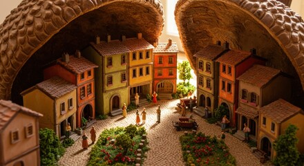 Fototapeta premium Charming miniature village inside a walnut shell with medieval architecture