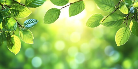 Naklejka premium Lush green leaves frame a bright, blurred natural background.