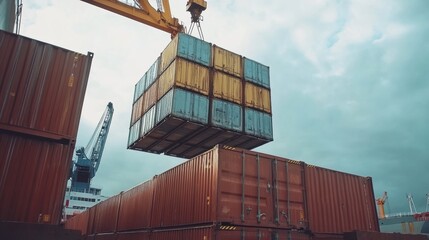 Fototapeta premium Efficient cargo loading at busy port ensures streamlined shipping logistics. Industrial transport solutions optimize global trade and supply chains.