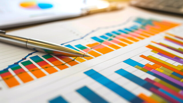 financial report with colorful bar graphs and pen