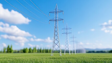 Power lines stretching across a green landscape under a blue sky.