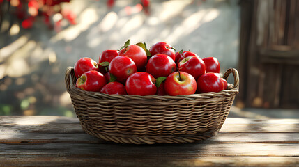 Wicker Basket of Fresh Red Apples on Rustic Wooden Table with Natural Lighting  
