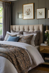 A bedroom with a beige upholstered headboard, patterned throw, and neutral bedding.  Framed botanical prints hang on a gray wall. A small gold side table is visible.