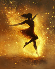 Naklejka premium Surreal Digital Painting of Ballerina Dissolving into Glowing Particles