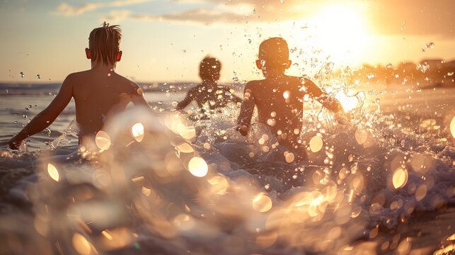 Group of diverse friends joyfully splashing and playing in the sparkling ocean waves on a sunny beach day, enjoying summer fun and camaraderie by the shoreline