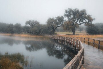 Misty morning, wooden boardwalk over calm lake, reflecting trees.