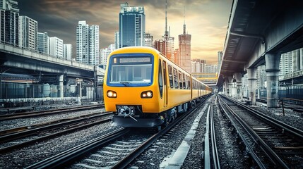 Naklejka premium Yellow Train in Front of Modern Industrial Cityscape at Dusk