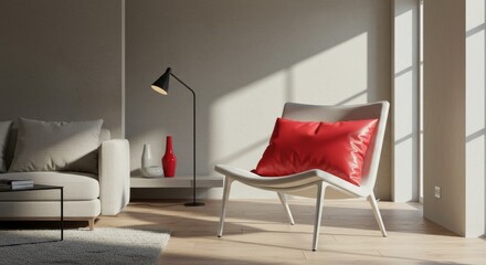 Modern living room with minimalist decor and red accents in natural light