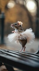 Adorable mouse in tutu on park bench.