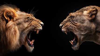 Lioness Asserting Dominance over Lion in Business Meeting - Marital Quarrel on Black Background