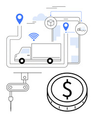 Delivery truck on digital route with GPS pins, wireless signal, factory robotic arm, and dollar coin. Ideal for supply chain, logistics, automation, manufacturing, tracking e-commerce abstract line