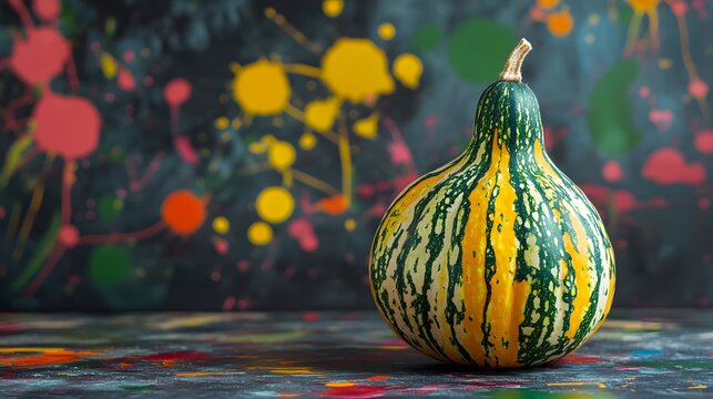 Pointed Gourd with colorful paint splatters behind it