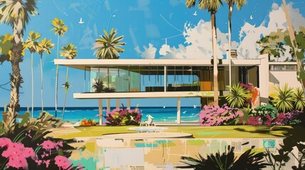 Fototapeta premium A modern coastal house surrounded by palm trees and vibrant flowers near the ocean.