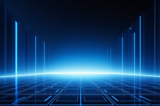 a blue and black background with a grid of lines and a glowing light