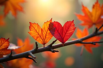 Cut love heart with colorful autumn leaves on branches on blurred natural bokeh background.