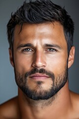 Obraz premium A man with a beard and no shirt looking at the camera