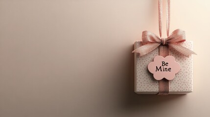 A 'Be Mine' tag hanging from a gift box on a plain background, symbolizing love and romance for Valentine's Day