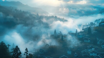 Fototapeta premium A serene landscape shrouded in mist, showcasing a tranquil village amidst mountains.