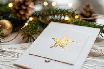 Simple, elegant Christmas card with a gold star and a minimalist border 